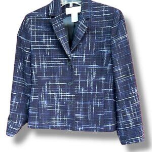 Jones New York Blue and White Blazer with Abstract Pattern and Structured Fit